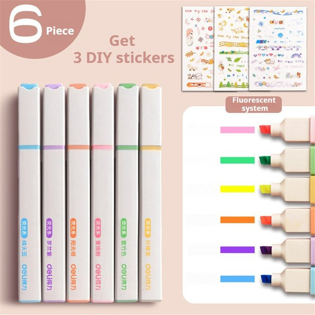 Deli Kawaii Manga Textmarker-Set, 6-farbiges Gel-Set mit Aufklebern, schnell trocknend, Multicolor - Bild 1