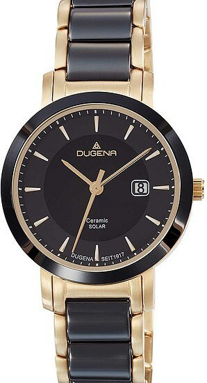 Dugena Damenuhr, Solar, Keramik, Edelstahl, Schwarz, Gold, 30 mm - Bild 1