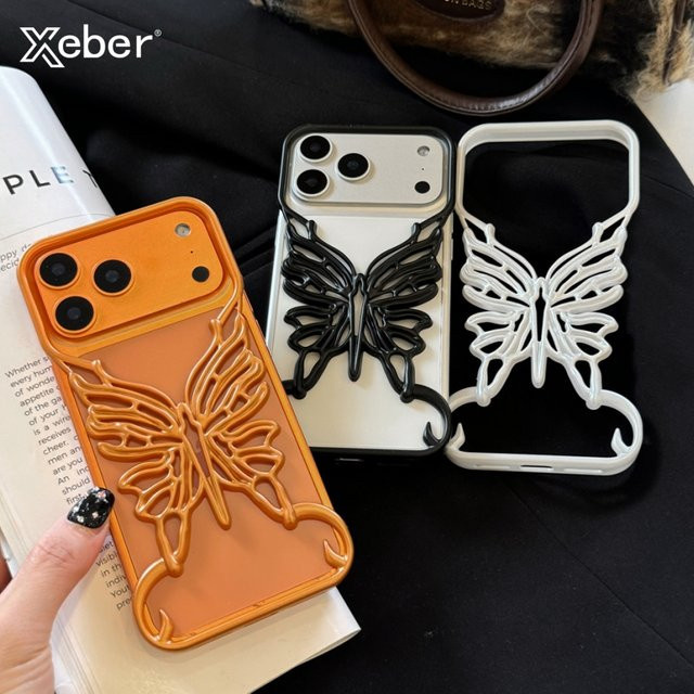 Xeber Handyhülle mit 3D Schmetterling Design in Orange für iPhone 11 bis iPhone 17 Pro Max Plus Air Frosted Hard Back Cover mit Wärmeableitung - Bild 1