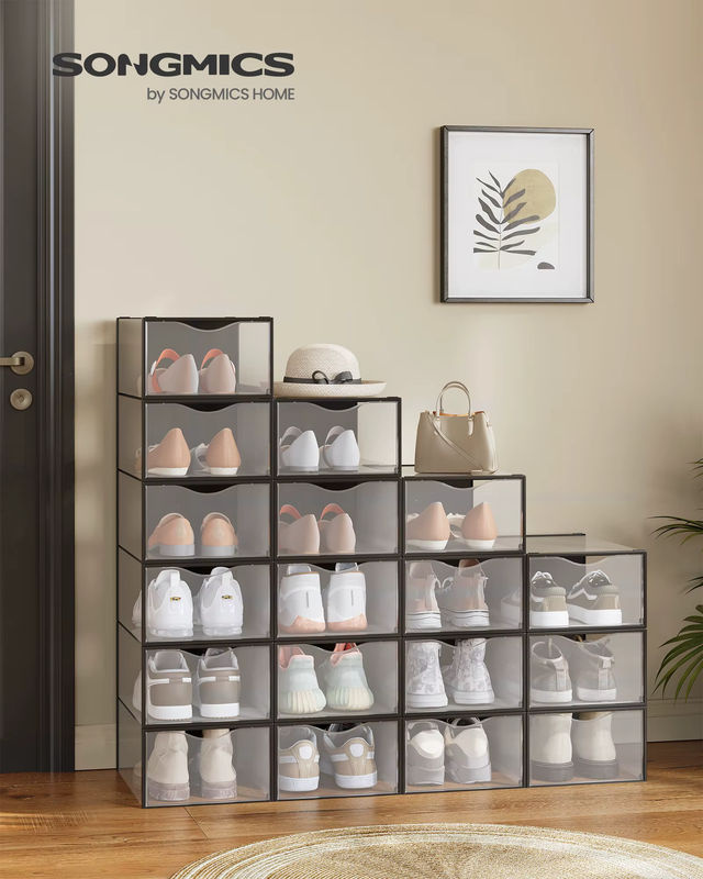 SONGMICS Schuhboxen Set aus Kunststoff mit Tür, transparent und schwarz, 18er Set, stapelbar - Bild 2