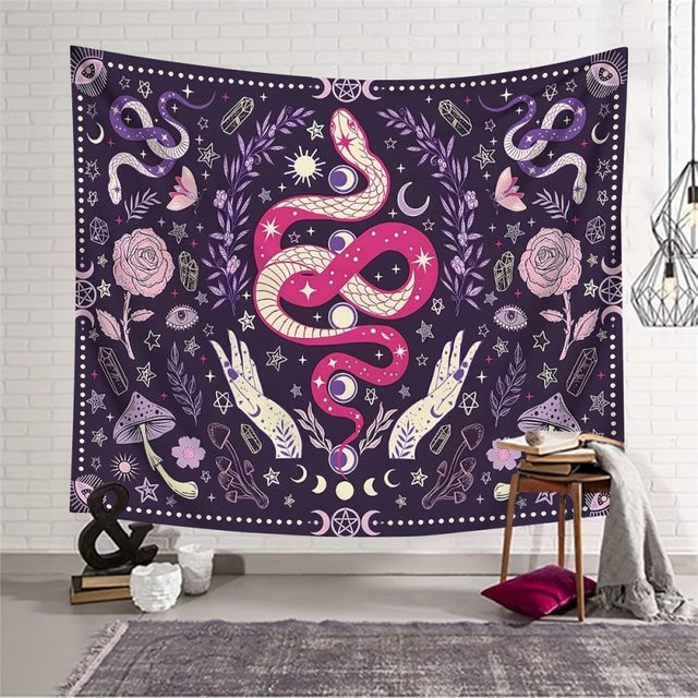 VIKAMA Wandteppich in Lila mit Tarot-, Astrologie-, Schlangen-, Hasen-, Stern- und Mondmotiven im Boho-Design, B/H: 40 x 60 cm - Bild 1