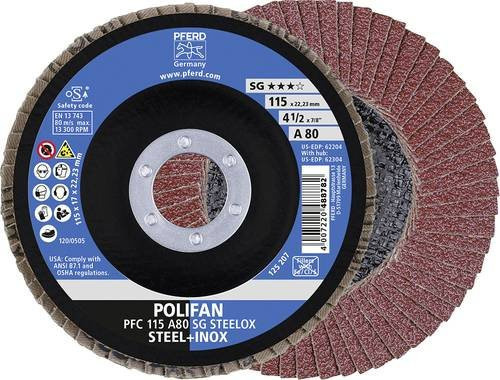 PFERD PSF Steelox Fächerschleifscheibe Polifan Körnung 80 für Stahl und Edelstahl Durchmesser: 115 mm, Bohrungs-Ø: 22,23 mm, 10 Stück - Bild 1
