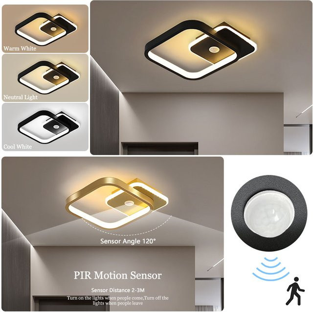 HAULVANG LED-Deckenleuchte mit PIR-Bewegungsmelder in Weiß, quadratisch und modern für Flur und Innenbereich - Bild 1