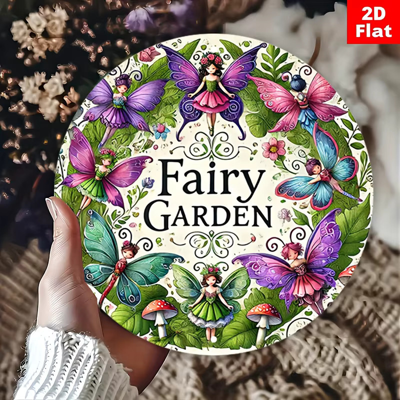 Potdemiel Aluminium-Wandkunst Fairy Garden mit Landfee, Schmetterlingen und Pilzen, rund, mehrfarbig, B/H: 20 x 20 cm - Bild 3