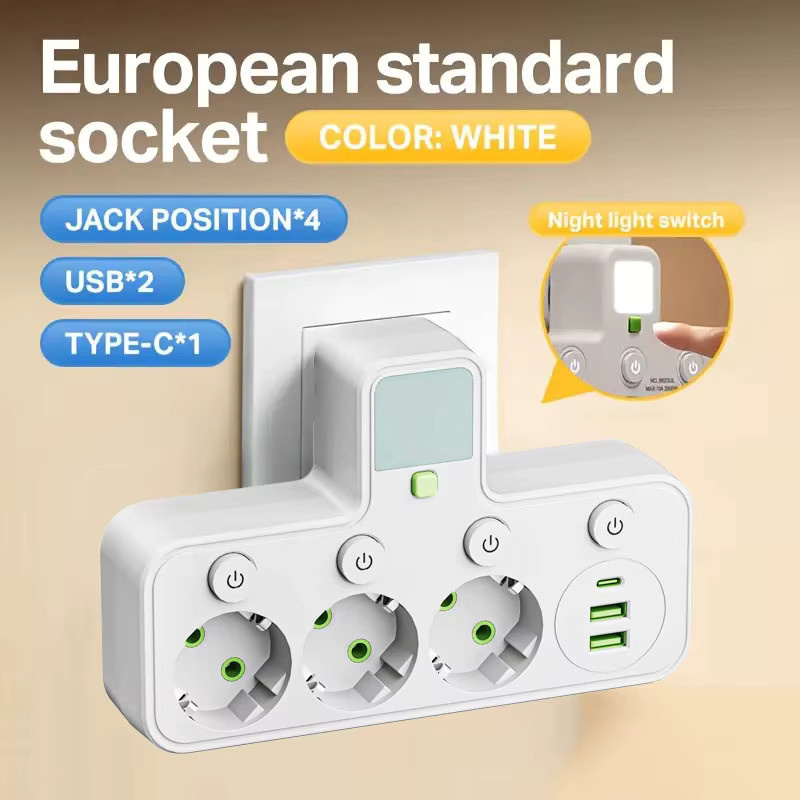 PHONEPACE Steckdosenleiste in Weiß mit 4 AC-Steckdosen, 2 USB-Anschlüssen, 1 USB-C-Anschluss, Ein/Aus-Schalter und Nachtlicht - Bild 3