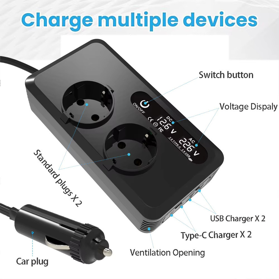 Kebidumei 200 W Auto-Wechselrichter in Schwarz mit 2 USB-Anschlüssen und Typ-C-Anschluss für den Zigarettenanzünder im Fahrzeug - Bild 4