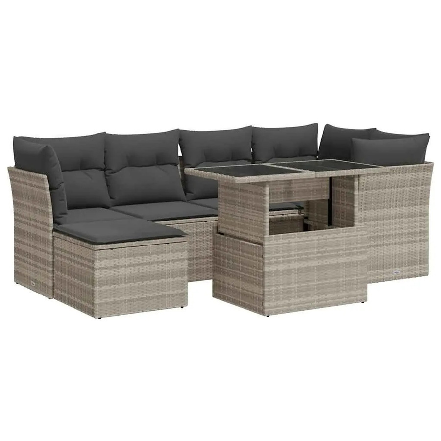 vidaXL 7-teilige Garten-Sofagarnitur in L-Form aus Poly-Rattan mit hellgrauen Kissen und pulverbeschichtetem Stahlgestell - Bild 2
