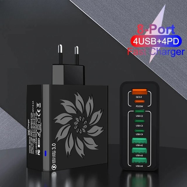 8 Ports USB-C Schnellladegerät mit PD-Technologie für iPhone, Xiaomi und Samsung, Wandadapter mit Typ-C Anschlüssen - Bild 1