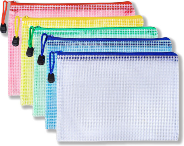 Transparente Dokumententasche mit Reißverschluss und Grid-Design, wasserdichte Schreibwarentasche aus Kunststoff, Farbe: Transparent/Weiß - Bild 1