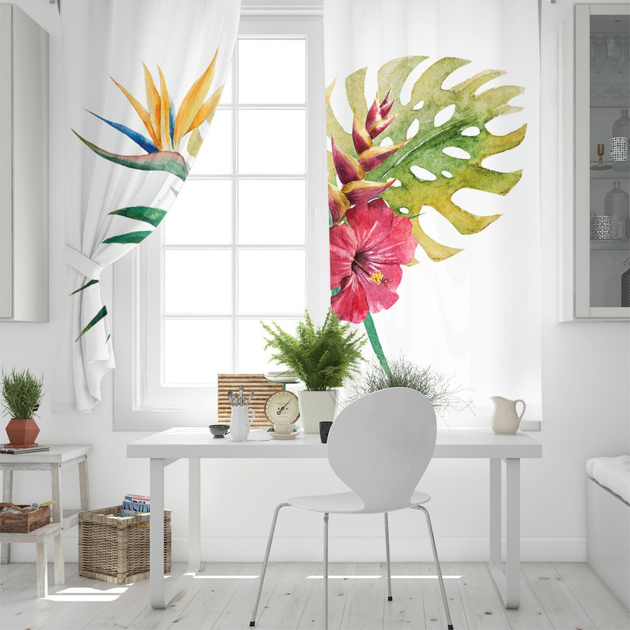 Super Six Dekorative Fenstervorhänge mit tropischem Aquarell-Blumenmuster, 2er-Set, Mehrfarbig, Breite: 90 cm, Höhe: 100 cm - Bild 2