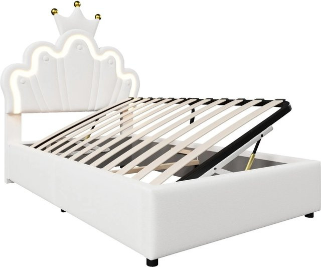 okwish Polsterbett in Kronenform für das Kinderzimmer mit LED-Unterbettbeleuchtung und Hydraulik-Lift, Weiß, B: 90 cm, L: 200 cm, H: 103 cm - Bild 1