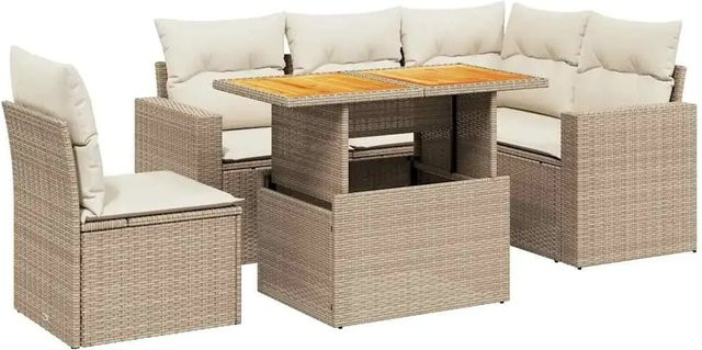 vidaXL 6-teilige Garten-Sofagarnitur aus Poly-Rattan und Akazienholz in Beige und Cremeweiß - Bild 1