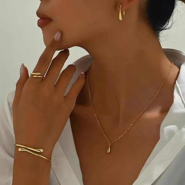 Meaeguet Schmuckset, 4-teilig, Halskette, Ohrringe, Armband, Ring, Gold, Damen - Bild 1
