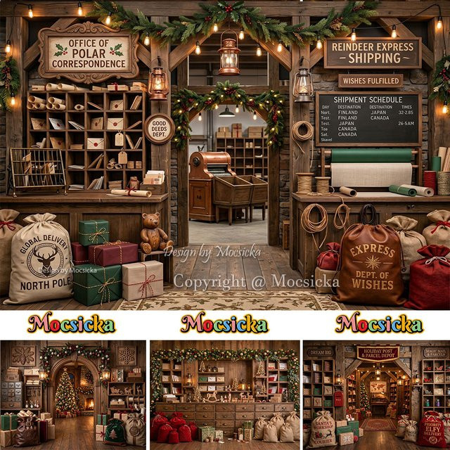 Mocsicka Weihnachts-Fotohintergrund mit Postamt, Laterne und Weihnachtsmann-Werkstatt in Multicolor - Bild 1
