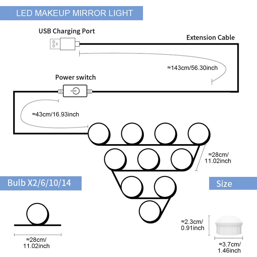 CanLing LED Schminkspiegel mit USB-Anschluss, dimmbar, 3 Lichtfarben, weiß, rund - Bild 5