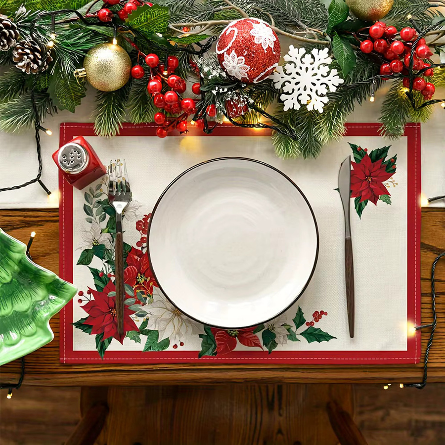 VIKAMA Hitzebeständige Topf-Tischmatte aus Baumwolle mit beige floralem Weihnachtsmuster, rechteckig - Bild 3