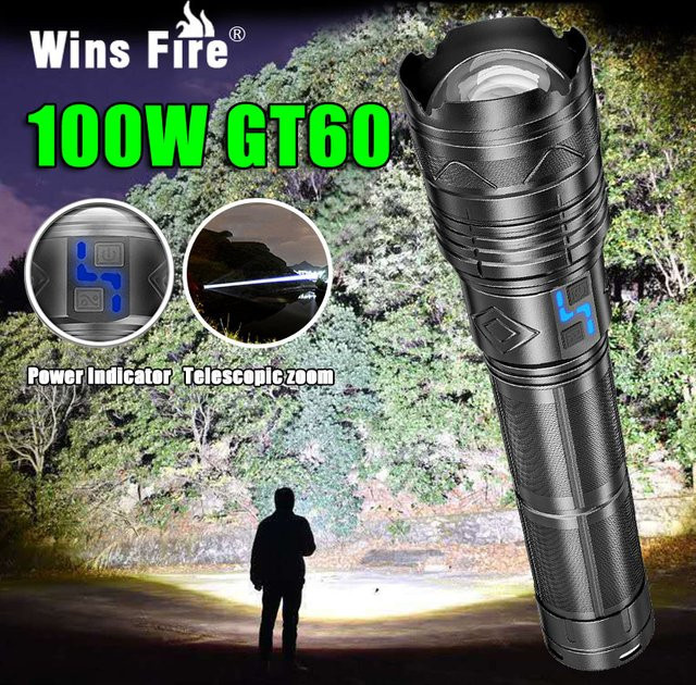 Heinast GT60 Taktische LED-Taschenlampe in Schwarz mit 20000lm und 100W, USB wiederaufladbar inklusive 4 Batterien - Bild 1