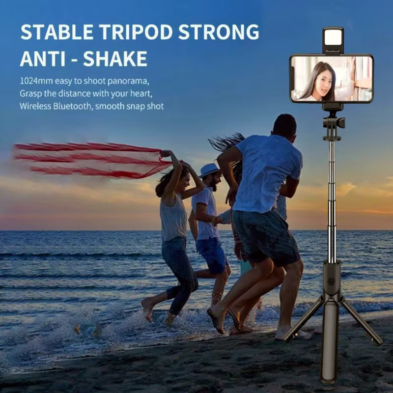 FANGTUOSI Bluetooth Selfie Stick Stativ mit Desktop Ständer und kabellosem Fernauslöser für iPhone und Android in Schwarz mit Fülllicht - Bild 2