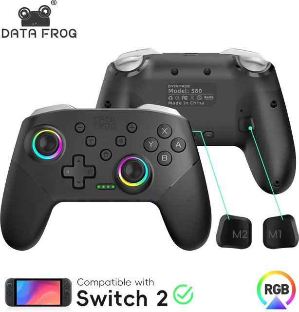DATA FROG Wireless Pro Controller für Nintendo Switch, Switch Lite, OLED und PC mit Bluetooth, programmierbarem Turbo und 1000-mAh-Akku, Schwarz - Bild 1