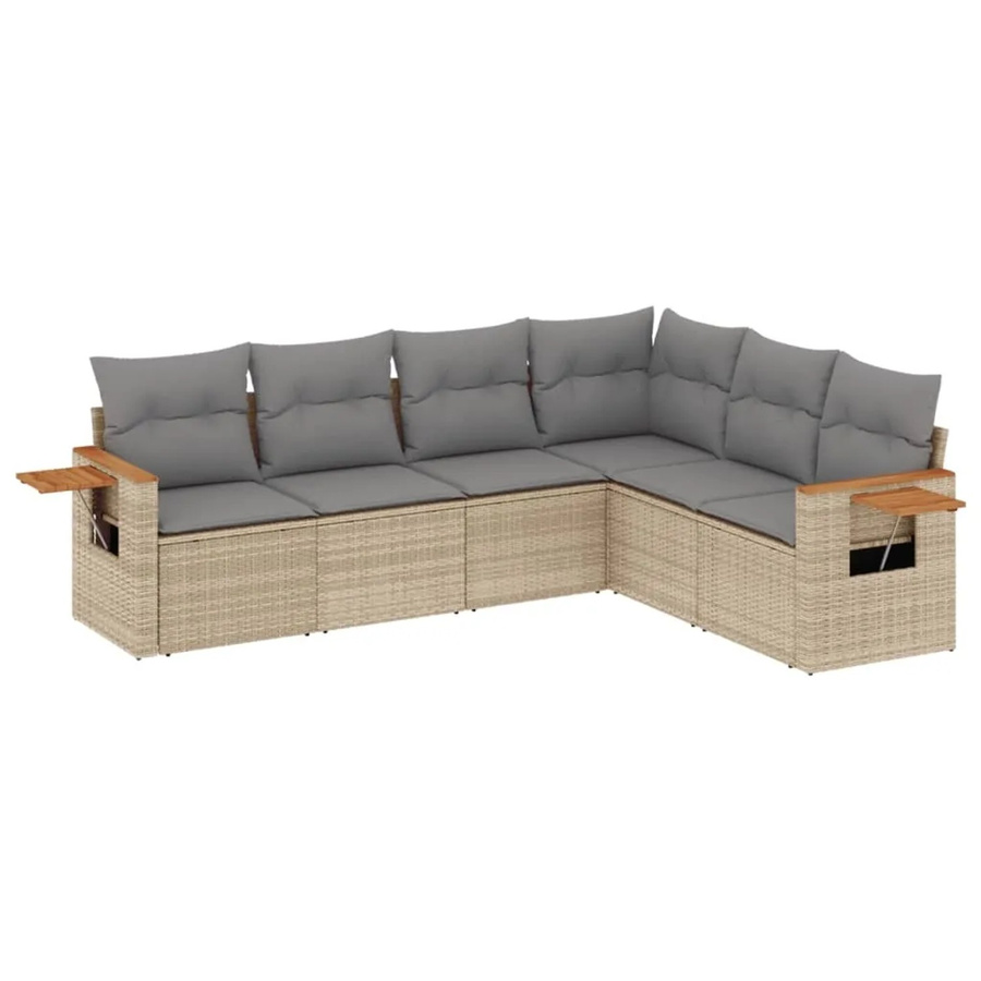 vidaXL 6-tlg Garten-Sofagarnitur in L-Form aus Poly-Rattan und Akazienholz mit Kissen in Beige - Bild 2