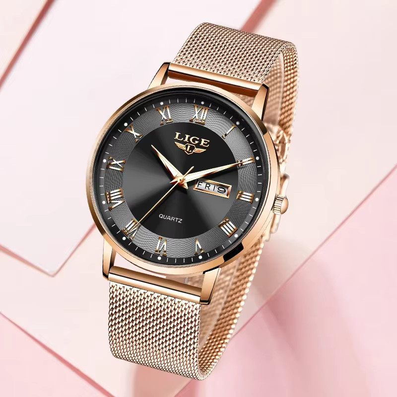 Lige Armbanduhr Quarz, Milanaise, Schwarz, Roségold, Damen - Bild 2