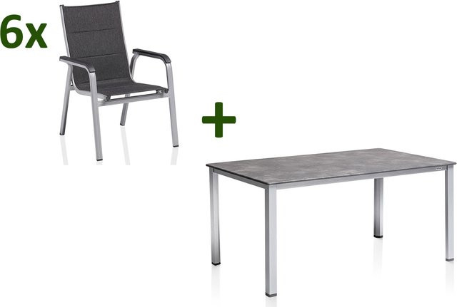Kettler Garten-Essgruppe Cubic/Basic Plus aus Alu und Textilene in Silber/Anthrazit mit Tisch und 6 Stapelsesseln, Tisch Breite: 160 cm, Tiefe: 90 cm, Höhe: 74 cm - Bild 1