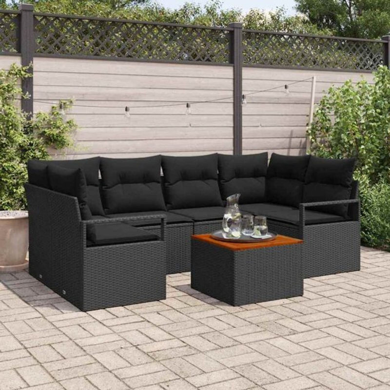 Vidaxl Garten-Sofa-Set aus 7 Teilen in Schwarz, modernes Polyrattan-Loungemöbel-Set mit Akazie-Massivholz und Stahl - Bild 1