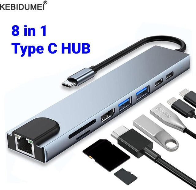 kebidumei USB-C Hub mit 4K HDMI, RJ45 Ethernet, PD Ladung und SD/TF Kartenleser für MacBook Air Pro und PC - Bild 1