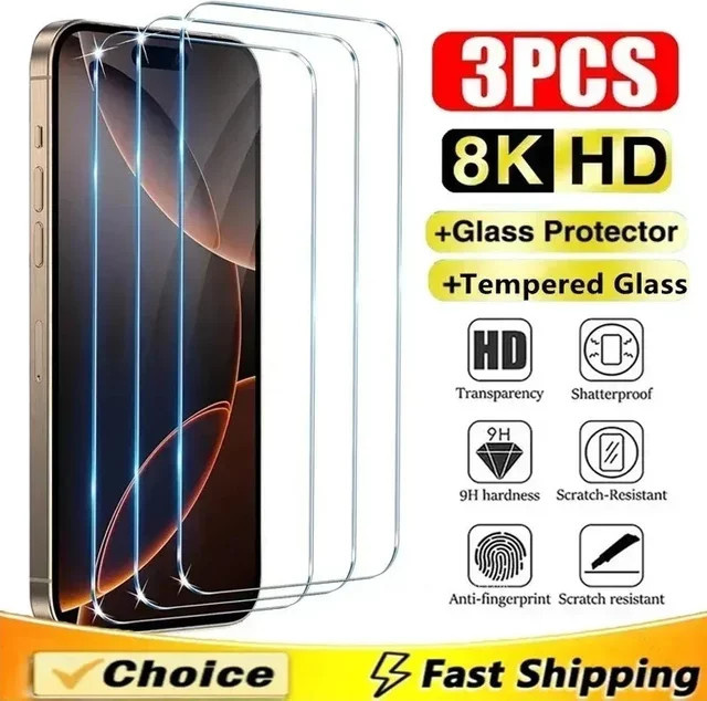 3 Stück Displayschutzfolie aus gehärtetem Glas für Apple iPhone 16 15 14 13 12 11 Pro Max Mini Plus SE XS XR in Transparent - Bild 1