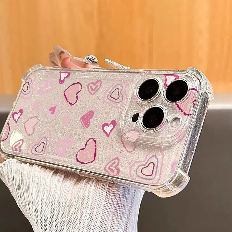 Transparente Silikon Handyhülle mit rosa Herzmuster und Glitzer-Effekt für Apple iPhone 17 bis 11 Pro Max, stoßfest und weiche Rückseite - Bild 5