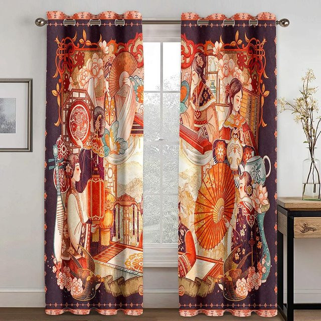 Yiran Furniture Verdunkelungsvorhänge im chinesischen CityGirl Cheongsam Design, Mehrfarbig, B: 55 cm, H: 120 cm, 2er-Set mit Ösen - Bild 1