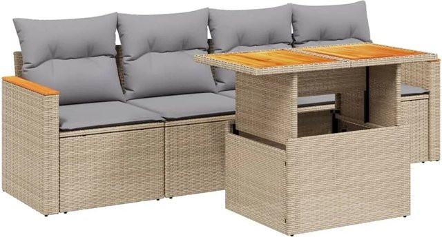 vidaXL 5-tlg Garten-Sofagarnitur aus Poly-Rattan in Beige mit Kissen und Acacia-Holz-Elementen - Bild 1