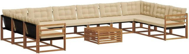 vidaXL Outdoor-Sofagarnitur aus Akazienholz in U-Form, 11-teiliges Set mit Textilene-Bezug und Kissen in Natur und Beige - Bild 1