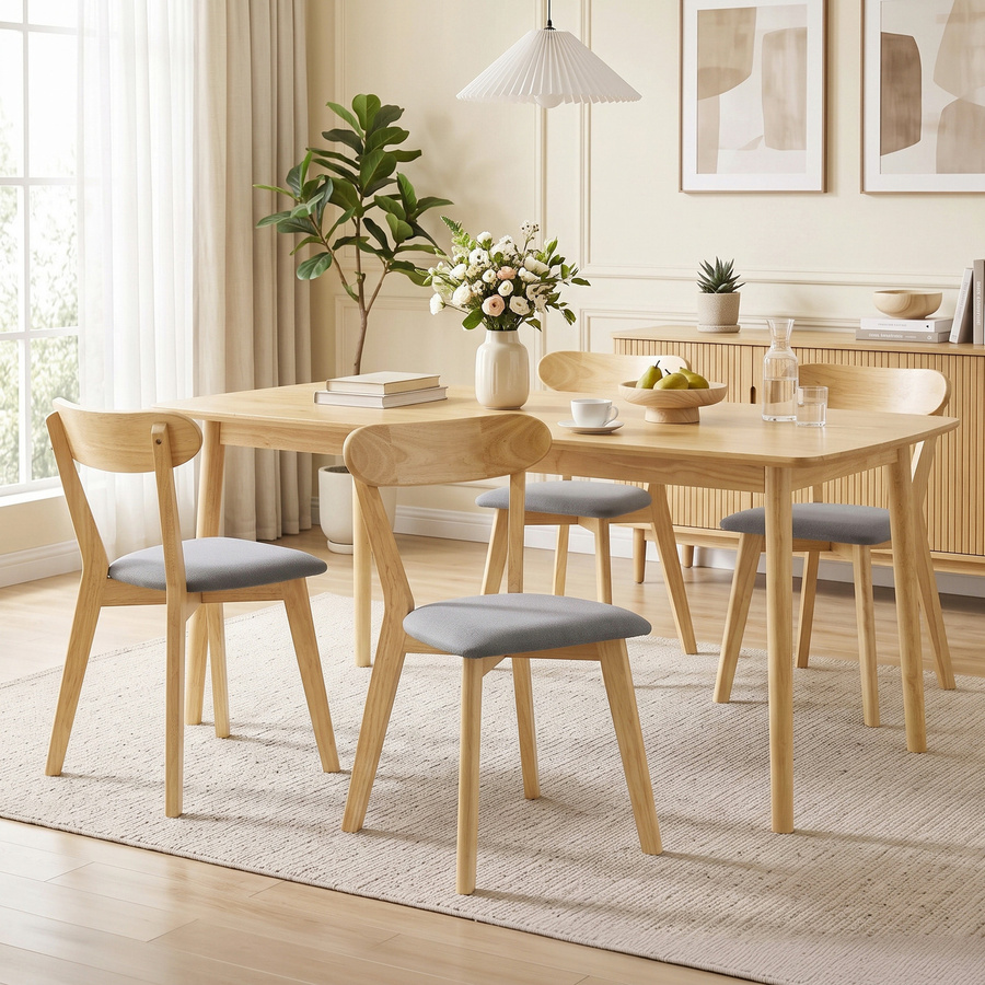 Aosom HOMCOM Set mit 4 Esszimmerstühlen im Mid-Century-Stil, gepolsterte Sitzfläche in Leinenoptik, geschwungene Rückenlehne, Füße aus Gummibaumholz, Grau und Naturholz - Bild 2