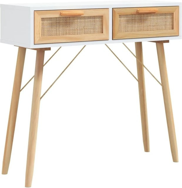 vidaXL Konsolentisch in Weiß aus massivem Kiefernholz und Natur-Rattan im skandinavischen Design, B/T/H: 80 x 30 x 75 cm - Bild 1