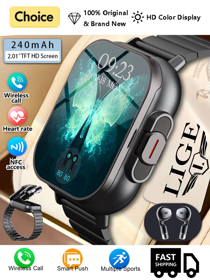 LIGE 2-in-1 Smartwatch mit integriertem Bluetooth-Headset, NFC, Herzfrequenzmonitor und Musiksteuerung, Schwarz - Bild 3
