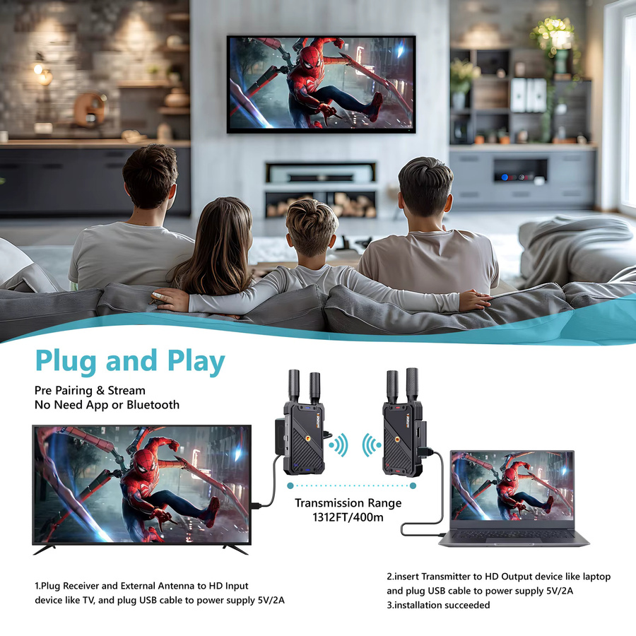 VRRIIS Kabelloser HDMI-Extender Video-Sender und -Empfänger in Schwarz für Kamera, Laptop, Projektor, TV-Box und PS4 mit 1080P Auflösung und 400M Reichweite - Bild 4
