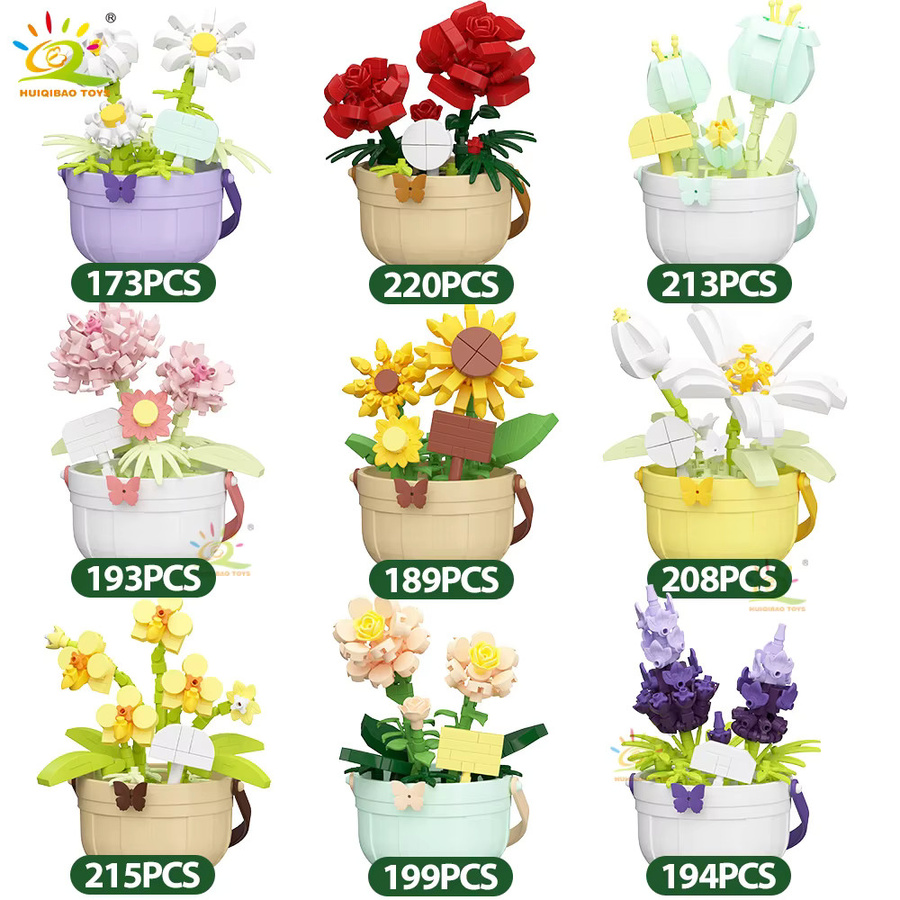 HUIQIBAO MOC Blumen Micro Bausteine DIY Rose und Sonnenblume Bouquet aus Kunststoff in Mehrfarbig als Schreibtisch Dekoration für Kinder - Bild 2