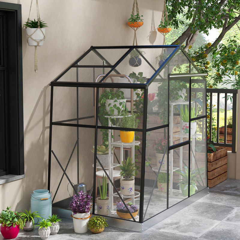 Outsunny Gewächshaus aus Aluminium und Polycarbonat in Schwarz mit Fenster, Schiebetür und Fundament, B/T/H: 131 x 192 x 203 cm - Bild 2