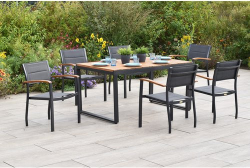 Merxx Gartenmöbel-Diningset Paxos 7-tlg. aus Aluminium und Akazienholz in Grau mit ausziehbarem Tisch für 6 Personen - Bild 1
