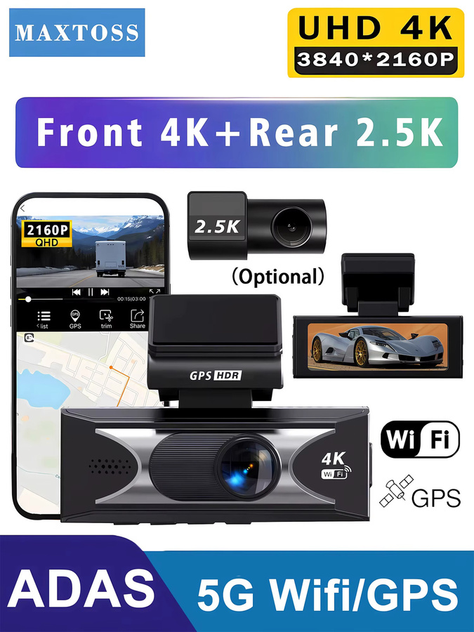 Maxtoss Dual Dash Cam mit 4K UHD Vorne und 2,5K Hinten, WIFI und GPS, Schwarz - Bild 7
