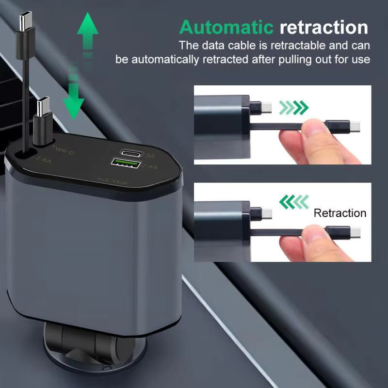 4-in-1 Mini Autoladegerät mit einziehbarem USB-C Schnellladekabel in Schwarz - Bild 2