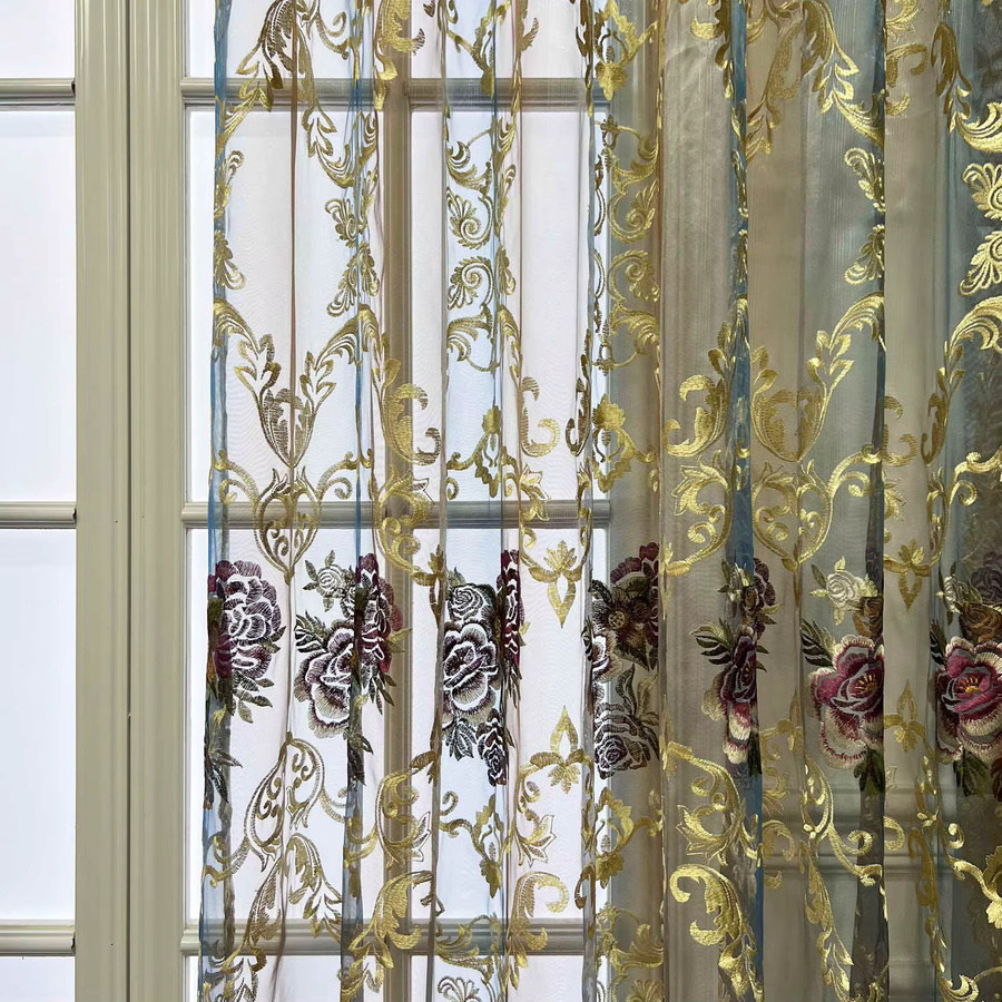 AiFish Transparentes Tüll-Fensterdekoration mit floraler Bestickung und Farbverlauf in Braun und Blau, B/H: 100 x 180 cm - Bild 2