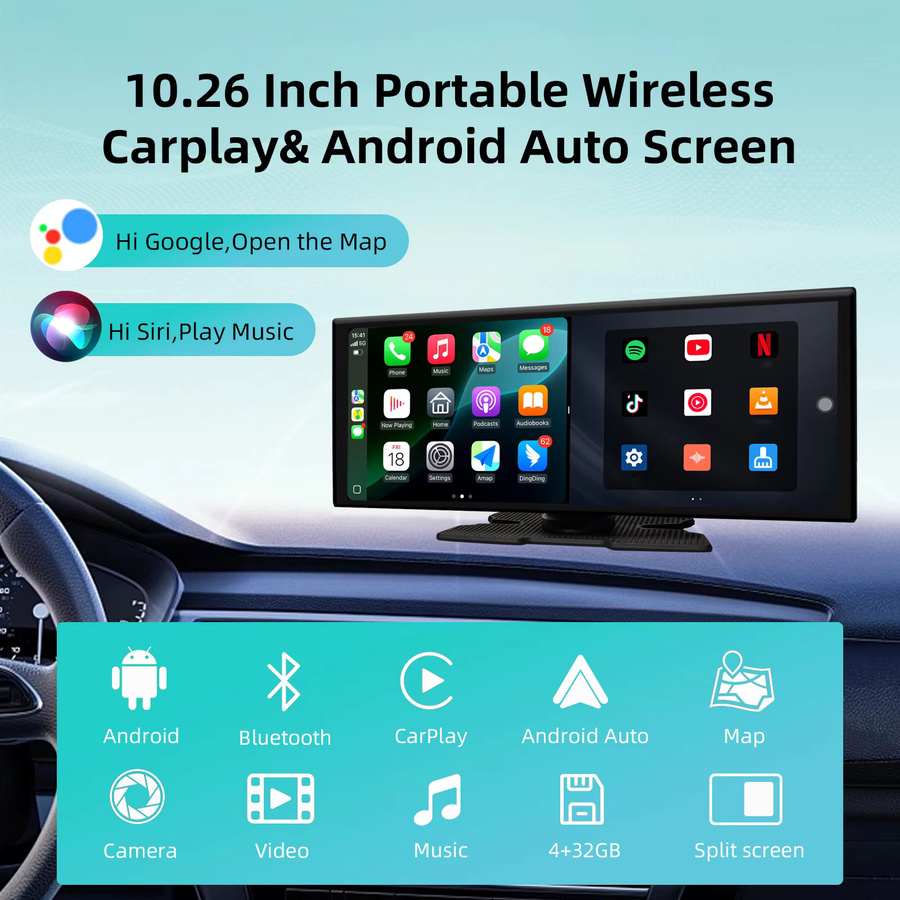 Ezonetronics Tragbares Auto-Display mit 10,26 Zoll 4K Touchscreen, Kabelloses Apple CarPlay und Android Split-Screen System, Schwarz - Bild 2