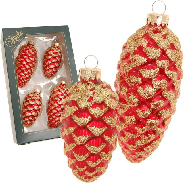 Krebs Glas Lauscha GmbH Christbaumschmuck Tannenzapfen aus Glas in Rot mit Glitter, 4 Stück, Durchmesser: 4 cm, Länge: 8 bis 10 cm - Bild 1