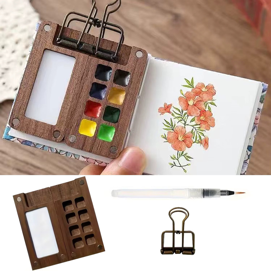 Professionelles Pocket Artist Aquarell-Set aus Holz in Braun mit 9-teiliger magnetischer Palettenschachtel, 6 Pinseln, Clip und Skizzenbuch - Bild 4