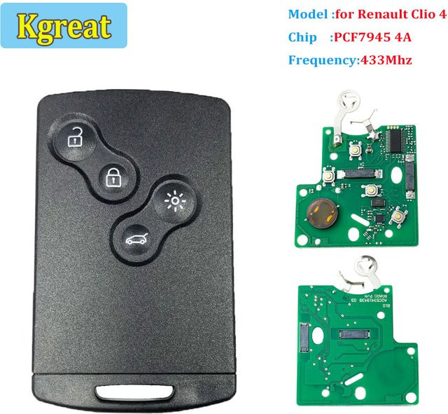 5 Stück Smart Card Auto Fernbedienung mit 4 Tasten, PCF7945 4A Chip und PCF7953M 433 MHz für Renault Clio 4 und Captur, Keyless Go Entry HandsFree - Bild 1