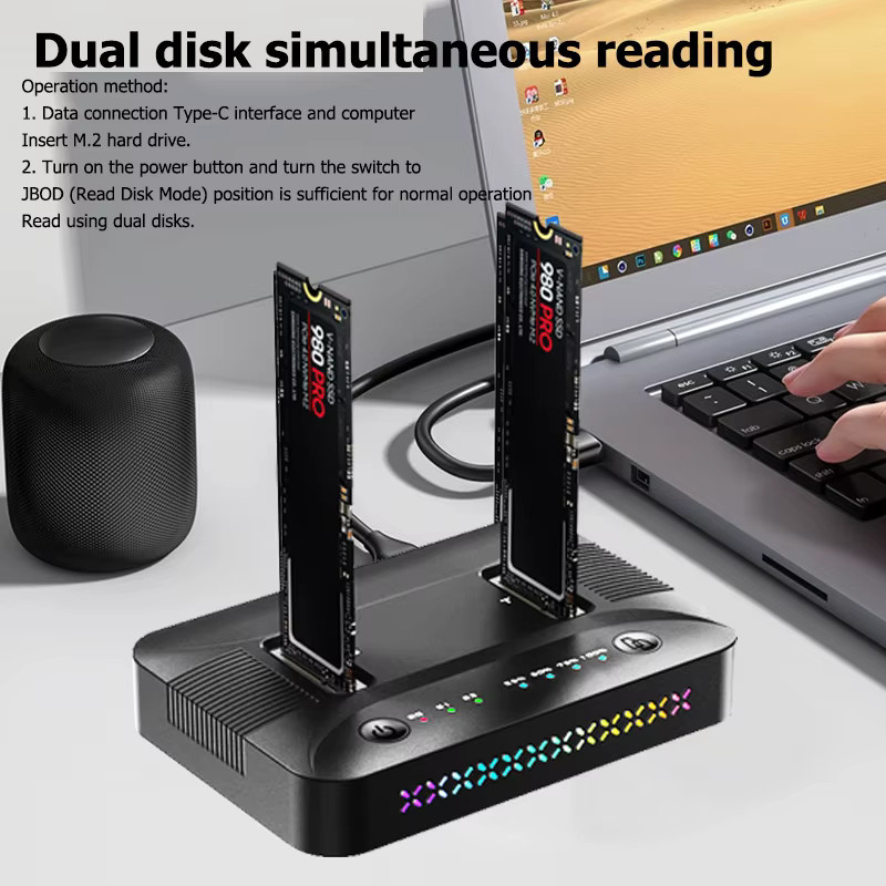 Kebidu M.2 NVMe/SATA Dual-Bay Festplatten-Dockingstation mit Offline-Clone-Funktion und USB 3.2 Gen2, Schwarz - Bild 5