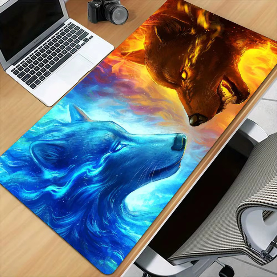Mairuige Mauspad Starry Wolf mit Fantasy-Wolf-Motiv in Schwarz und Multicolour, rutschfeste Schreibtischunterlage mit genähtem Rand - Bild 1