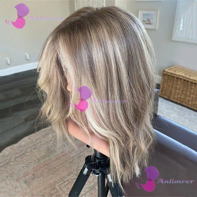 Anlimeer Glueless Echthaar Perücke, Balayage, Naturwelliger kurzer Bob, Full Lace, 180% Dichte - Bild 1